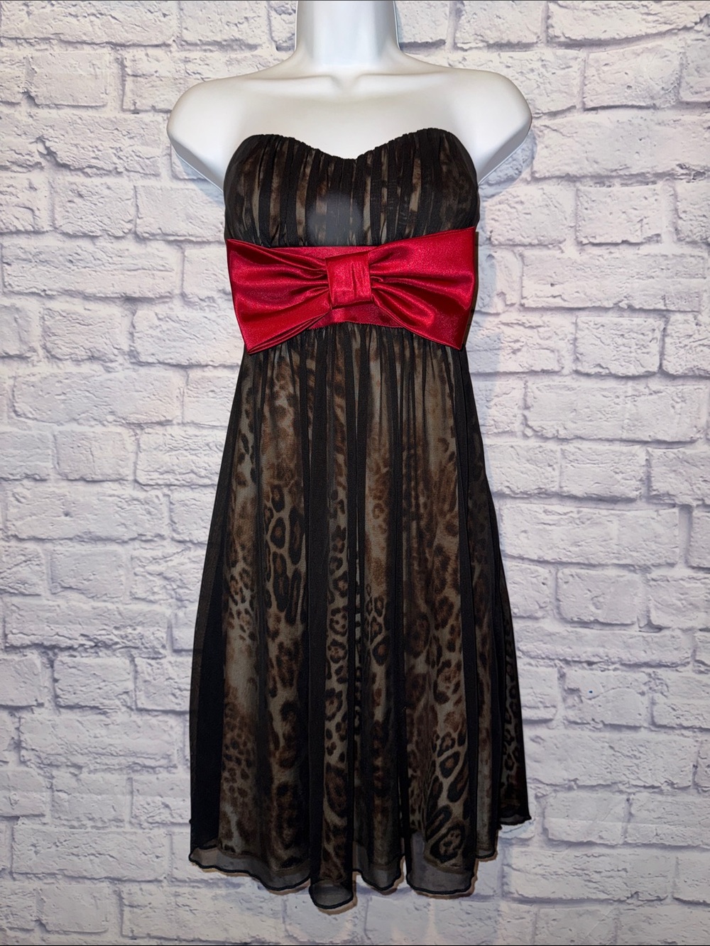 Teeze Me Strapless Sheer Leopard Print Dress with Red Bow
